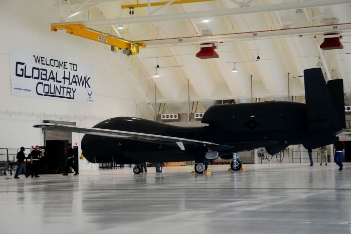 A Global Hawk spy drone inside a hangar at Andersen Air Force Base on Guam.